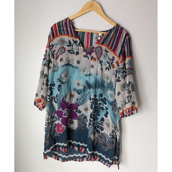 Coldwater Creek Sheer 100% Silk Tunic Top Swim Cover Up 1X Floral Multicolor N63 - Picture 1 of 7